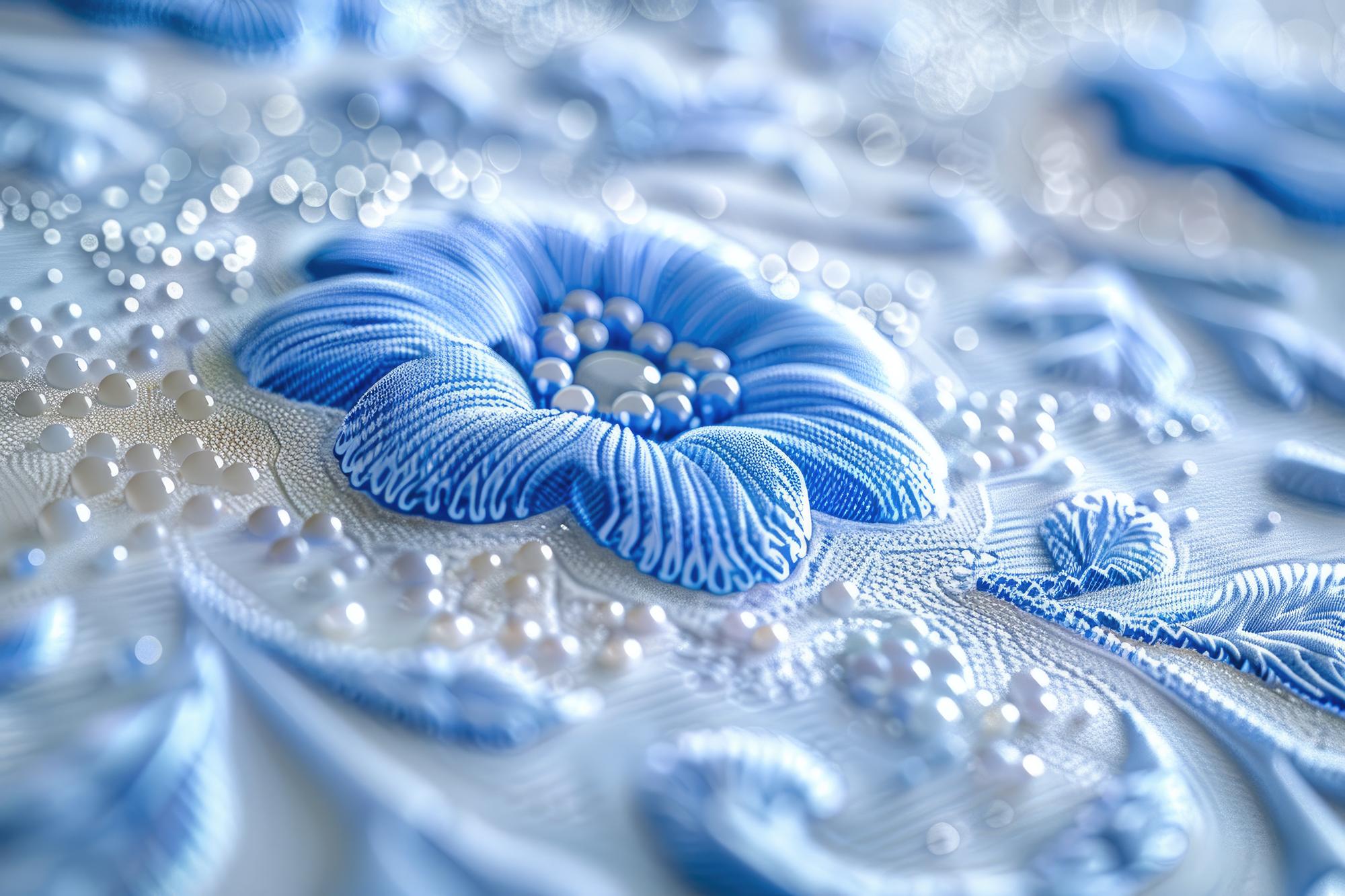 dettaglio ricamo floreale su tessuto blu